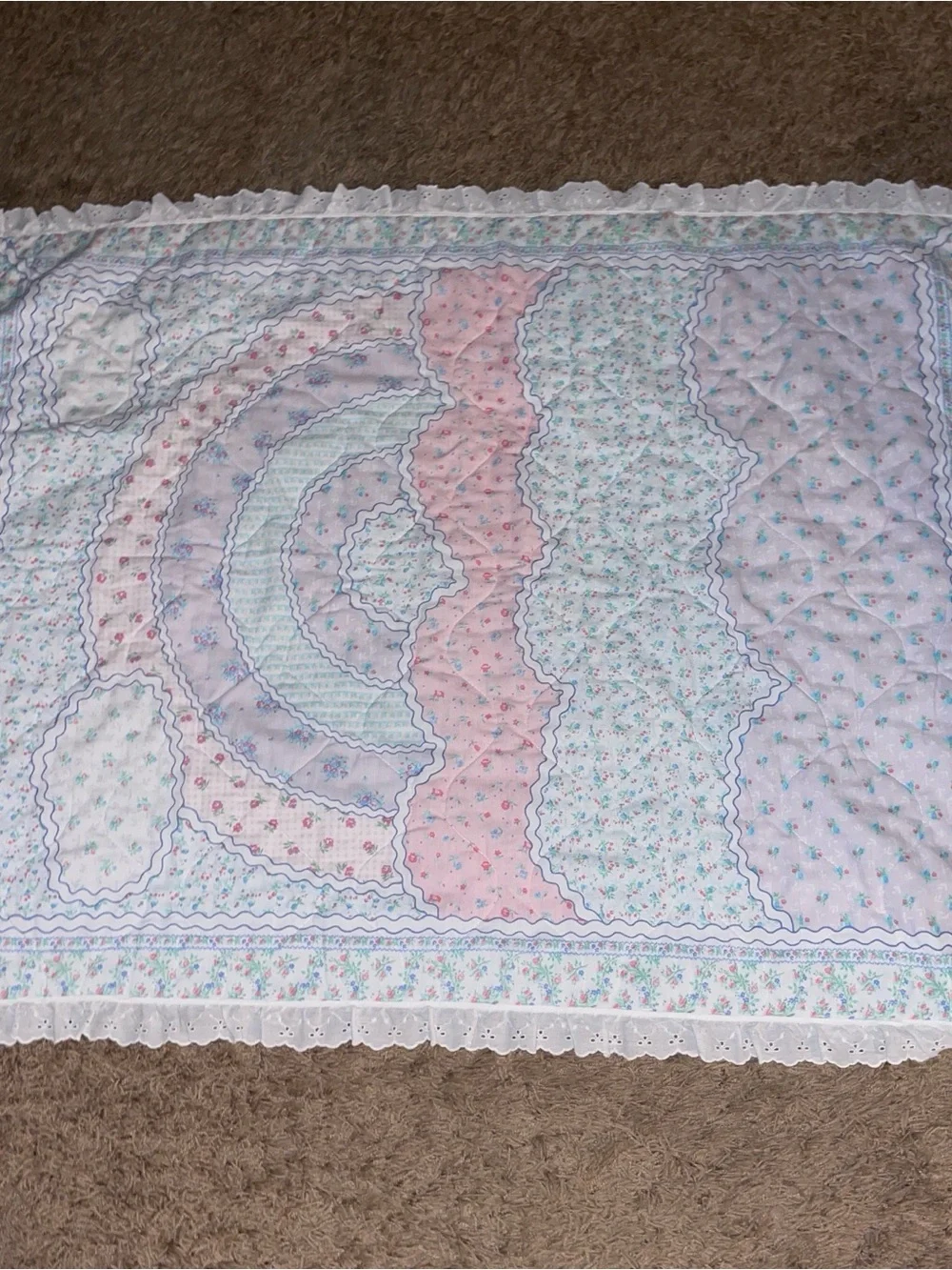 Floral Patchwork Cotton Quilt in Pastel Pink and Blue